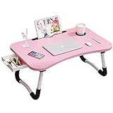 Dproptel Bambus Bett Tablett Tisch mit Klappbeinen Faltbares Serviertablett Snacktablett Frühstückstablett Betttisch Zeichentisch Tragbares Laptop Tablett für Bett Couch/Sofa (Rosa)