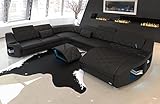 XXL Sofa Wohnlandschaft Swing Ledersofa U Form - mit LED Beleuchtung, verstellbare Kopfstützen, Recamiere/Lederfarben wählbar/Ausrichtung wählbar/USB Anschluss (Ottomane rechts, Black)