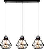 TOKIUS 3-flammig Pendelleuchte Vintage Industrial Hängelampe mit Geometrischem Design E27 Lampe aus Eisen Käfig Lampenschirm Schwarz Hängeleuchte für Esstisch Küche (Pendellampe, Balken)