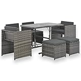 vidaXL Essgruppe Outdoor 7-teilig mit Kissen Terrasse Outdoor Rasen Hof Terrasse Balkonsitz Sitzgruppe Essgruppe Möbel Poly Rattan Grau