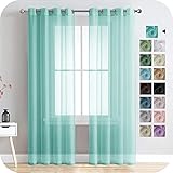 MRTREES Voile Gardinen Vorhang halbtransparent kurz mit Ösen in Leinenoptik Stores Gardinen Schals für Wohnzimmer Schlafzimmer Kinderzimmer Türkis 225×140cm (H×B) 2er Set