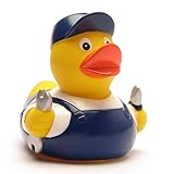 Badeente Mechaniker I Quietscheente I Duckshop - L: 8 cm I inkl. Badeenten-Schlüsselanhänger im Set