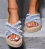 OKUH Hausschuhe Damen Sommer Flache Schuhe Plateau Flat Heel Elegant Espadrilles Römersandalen Pantoletten Peep Toe Strandsandalen, 37CN,Blue