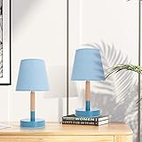 Aigostar 2 Stück Tischlampe, Moderne Holzkunst Kleine Nachttischlampe, Tischleuchte mit Blauem Stoffschirm und Metallfuß, Schreibtischlampe mit E14-Fassung, Vintage für Schlafzimmer Wohnzimmer