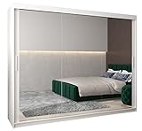 Kryspol Schwebetürenschrank Tokyo 3-250 cm mit Spiegel Kleiderschrank mit Kleiderstange und Einlegeboden Schlafzimmer- Wohnzimmerschrank Schiebetüren Modern Design (Weiß)