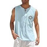 Herren Übergröße Weste Sommer Baumwolle Leinen Tank Tops Atmungsaktiv Strandshirts Brusttasche Top, hellblau, XXXL