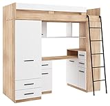 BIM Furniture Hochbett Etagenbett Entresole SMYK P Bett 200x80 cm mit Treppen Kinderbett Kleiderschrank Regal Schreibtisch Kinder Möbel Set Rechte Seite (Sonoma Eiche hell/Weiß)