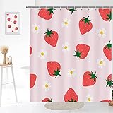 TITINGLUCK Niedliche Erdbeer-Duschvorhang-Sets, rosa Erdbeeren, modernes Muster mit Haken, wasserdichter Stoff, Badezimmer-Dekoration, 180 x 230 cm (B x H)