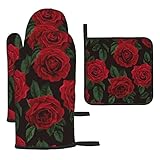 Rote Rosen-Topflappen und Ofenhandschuhe, hitzebeständig, 3-teiliges Ofenhandschuhe und Pad-Küchen-Set für Küche, Kochen, Backen, Grillen.