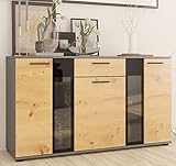 Furnix 3-türig Sideboard Sara mit LED - Kommode mit Glastüren und Schubladen - 140 x 80 x 40 cm - Highboard für Wohnzimmer Flur Schlafzimmer - Anrichte mit viel Stauraum - Matera-Artisan