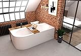 ECOLAM Badewanne Wanne Eckwanne Eckbadewanne für Zwei Modern Design Acryl weiß Avita 180x80 cm RECHTS + Ablage Bambus + Schürze Ablaufgarnitur Ab- und Überlauf Automatik Füße Silikon Komplett-Set