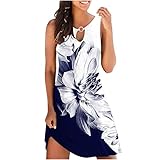 Komiseup Sommerkleid Damen Knielang Ärmellos Sommer Kleider Sexy Elegant Kleid Boho Strandkleider Minikleid Teenager Mädchen Festlich Kleider Blumen Drucken Kleid A-Linie Kurz Sommerkleid