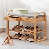 polsterbank sitzbank mit stauraum schuhregal Bambus-Schuhbank mit Kissen und Schublade, Schuhregal aus Naturholz, freistehende Schuhaufbewahrungsbank, Schuh-Organizer für Eingangsbereich, Wo