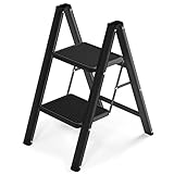 AriseWork 2 Stufenleiter, leicht, zusammenklappbar, Tritthocker, breit, rutschfest, Metallpedal, 227 kg Kapazität, Haushalt, Büro, tragbare Trittleiter, Schwarz