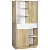 HOMCOM Küchenschrank, Hochschrank mit 3 offenen Einlegeböden und 2 Schränken, Küchenbuffet, Mehrzweckschrank mit verstellbaren Einlegeböden, Kippschutz, Sideboard, Natur, 89 x 39,6 x 180 cm