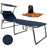 WildStage XXL Aluminium Sonnenliege klappbar Gartenliege Liegestuhl Balkonliege mit Kopfstütze und Sonnendach bis 150 kg Klappliege 5-Fach verstellbar extra hoch 200x70x45 cm Royal blau