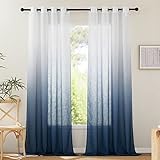 PONY DANCE Wohnzimmer Gardinen mit Farbverlauf Vorhang Leinenoptik Gardienen 2-Set H 245 x B 140 cm Gardine Weiss Halbtransparent Voile Gardinen mit Ösen Vorhänge Halbtransparent, Dunkelblau