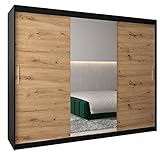 Kryspol Schwebetürenschrank Tokyo 1-250 cm mit Spiegel Kleiderschrank mit Kleiderstange und Einlegeboden Schlafzimmer- Wohnzimmerschrank Schiebetüren Modern Design (Schwarz + Artisan Eiche)