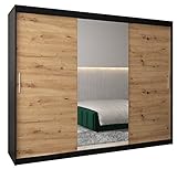 Kryspol Schwebetürenschrank Tokyo 1-250 cm mit Spiegel Kleiderschrank mit Kleiderstange und Einlegeboden Schlafzimmer- Wohnzimmerschrank Schiebetüren Modern Design (Schwarz + Artisan Eiche)