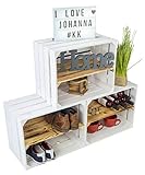 3 x Schuhschrank Schuhregal aus Weiss lasierten Holzkisten mit geflammten längsbrettern mit 3 Ablagen Schuhablage für 12 Paar Schuhe als Schuhaufbewahrung aus Holz Maße 50x40x30cm (je kiste)