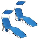 GIANTEX 2er Set Sonnenliege mit Dach, Gartenliege klappbar, Campingliege Strandliege Verstellbarer Rückenlehne, Liegestuhl mit Seitentasche, Liege Reiseliege bis 150 kg belastbar Relaxliege (Blau)