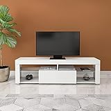 ML-Design TV-Lowboard aus Holz in Weiß, 140x51x35 cm, Modernes TV-Board mit Stauraum, Griffloses Design, Fernsehschrank Stehend mit Schublade und 2 Ablagen aus Glas, Fernsehtisch Sideboard TV-Schrank