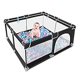 Flavery Baby Playpen， Large Baby Playard, Indoor & Outdoor Kids Activity Center with Anti-Slip Base, Sturdy Safety Play Yard with Soft Breathable Mesh, Playpen for Babies(Black,50”×50”)