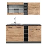Vicco Küchenzeile Einbauküche Küchenschränke R-Line Anthrazit Küchenmöbel (Anthrazit-Eiche, Single 160 cm)