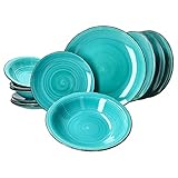 MamboCat Uni Türkis 12-tlg. Teller Set I 4 Personen I Steingut-Geschirr in blau-grün I Speiseteller, Suppenteller & Kuchenteller mit Strudel-Dekor I Tafel-Gedeck I Teller tief & Teller flach I maritim