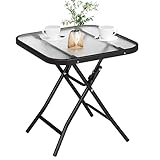 eSituro Klapptisch, Beistelltisch klappbar, Balkontisch Campingtisch Gartentisch Bistrotisch, mit Metallrahmen, rechteckige Tischplatte aus gehärtetem Glas, 46x46x48cm, Schwarz+transparent SCPT0042