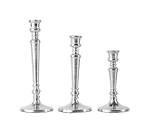 3er Set Kerzenständer Kerzenhalter Aluminium Silber Deko - Kerzenleuchter Modern für Stabkerzen - Tischdeko Hochzeit - Dekoration Wohnzimmer - H 19, 24 und 29 cm