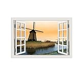 THREMA Bilder auf Leinwand mit Fensterblick-Leinwandbild mit Kunstdruck-3D-Effekt Fensteransicht Bilder Landschaftsbilder Meerblick Gemälde-Windmühle in der Abenddämmerung 40x60cm16 x24 Rahmenlos