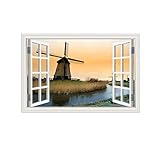 THREMA Bilder auf Leinwand mit Fensterblick-Leinwandbild mit Kunstdruck-3D-Effekt Fensteransicht Bilder Landschaftsbilder Meerblick Gemälde-Windmühle in der Abenddämmerung 40x60cm16 x24 Rahmenlos