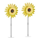 Relaxdays Windrad Sonnenblume, 2er Set, H x B x T: 76 x 29 x 8 cm, Doppel-Windrad für Garten & Balkon, zum Stecken, gelb