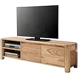 FineBuy Lowboard Massivholz Akazie Kommode 140 cm TV-Board Ablage-Fächer Landhaus-Stil dunkel-braun Unterschrank TV-Möbel Echt-Holz 40 cm hoch Sideboard Deko Fernsehschrank offen Natur-Produkt