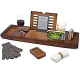 TEMPLE SPRING - Badewannenablage Bambus mit Kerzen-, Weinglas-, Buch-, Tablet-, iPad- und Telefonhalter. Badewannentablett ausziehbar, Badewannenablage Holz, Bathtub Tray 100% Bambus (Braun)