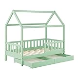 Juskys Kinderbett Marli 80 x 160 cm mit Bettkasten 2-teilig, Rausfallschutz, Lattenrost & Dach - Massivholz Hausbett für Kinder - Bett in Mint