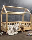 RIVERBANK Kinderbett 70x140 mit Rausfallschutz - Kinder Hausbett aus Kiefer Holz mit Rollrost | Stabiles Haus Bett für Mädchen & Jungen | 70 x 140 cm Jugendbett Massivholz Natur Hell