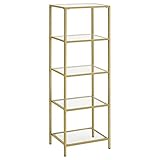 VASAGLE Standregal, Bücherregal, Badregal, 5 Ebenen, Küchenregal, schmal, Regal, Badezimmerregal, für Wohnzimmer, Schlafzimmer, Arbeitszimmer, Hartglas, Stahlgestell, goldfarben LGT029A01