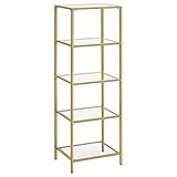 VASAGLE Standregal, Bücherregal, Badregal, 5 Ebenen, Küchenregal, schmal, Regal, Badezimmerregal, für Wohnzimmer, Schlafzimmer, Arbeitszimmer, Hartglas, Stahlgestell, goldfarben LGT029A01