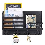 BIGLUFU Schlüsselbrett mit Ablage, Wandregal Holz, Zeitschriftenhalter mit 4 Haken, Schwarz Rustikale Schlüssel Aufbewahrung, Zeitungsständer Wandorganizer für Schlüsseln Briefen Prospekten
