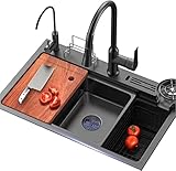 Küchenspüle Counter Mount Spüle Bar Spüle mit Messerhalter große Einzelspüle für Workstation 18 Gauge Edelstahlspüle mit 11 Armaturen (Farbe : Schwarz, Größe : 68 * 46 * 22cm)