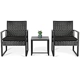 Sekey Rattan Balkonmöbel Kleiner Balkon Möbel Set 2 Personen, Gartenmöbel Set mit Sitzauflagen und Glasplatte, 2 Stühle Tisch, Schwarz