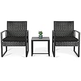 Sekey Rattan Balkonmöbel Kleiner Balkon Möbel Set 2 Personen, Gartenmöbel Set mit Sitzauflagen und Glasplatte, 2 Stühle Tisch, Schwarz