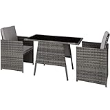 TecTake 800682 Polyrattan Sitzgruppe für 2 Personen, zusammenschiebbar, 2 Stühle & 1 Tisch mit Glasplatte, inkl. Sitz- und Rückenkissen – Diverse Farben – (Grau | Nr. 403097)