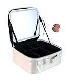 Ginleder Kosmetik-Aufbewahrungsbox aus Leder, wasserdicht, tragbar, mit verstellbaren großen LED-Lichtern, Spiegel, Beige/weiße LED, Kosmetikkoffer mit großem LED-Spiegel
