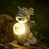 Yeemoo Drachen Figuren Gartendeko für Draußen,Lustig Dragons Deko Garten mit Solar Ball Geschenke für Männer Frauen Freundin Mama Geburtstag Wasserdicht Feengarten Gartendeko Figuren für Balkon Grau