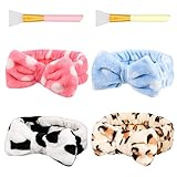 Popuppe 4 Stück Spa Bowknot Haarbänder mit 2er Make-up Pinsel Frauen Coral Fleece Elastisches Stirnband für Duschen Gesicht Waschen Sport Hautpflege (blau)