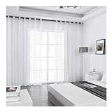 Mesnt Durchsichtige Gardinen, Polyester Halbtransparenter Voile-Vorhang mit gesticktem Weiden-Muster, Weiß, H138 x B107 cm