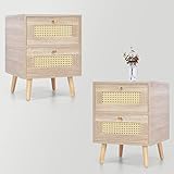 Set aus 2 Nachttischen, Beistelltischen, Nachtkommode mit 2 Schubladen, Schubladenfronten aus Rattangeflecht, Sofatisch passend für jedes Bett und Schlafzimmer H55/B40/T40 cm